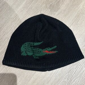 Lacoste Black Knit Hat with Green Crocodile